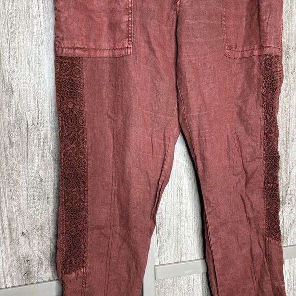 Anthropologie Hei Hei Linen Pants Roll Up Lace Embroidered Trim Rusted Red Sz 28 - Picture 3 of 8